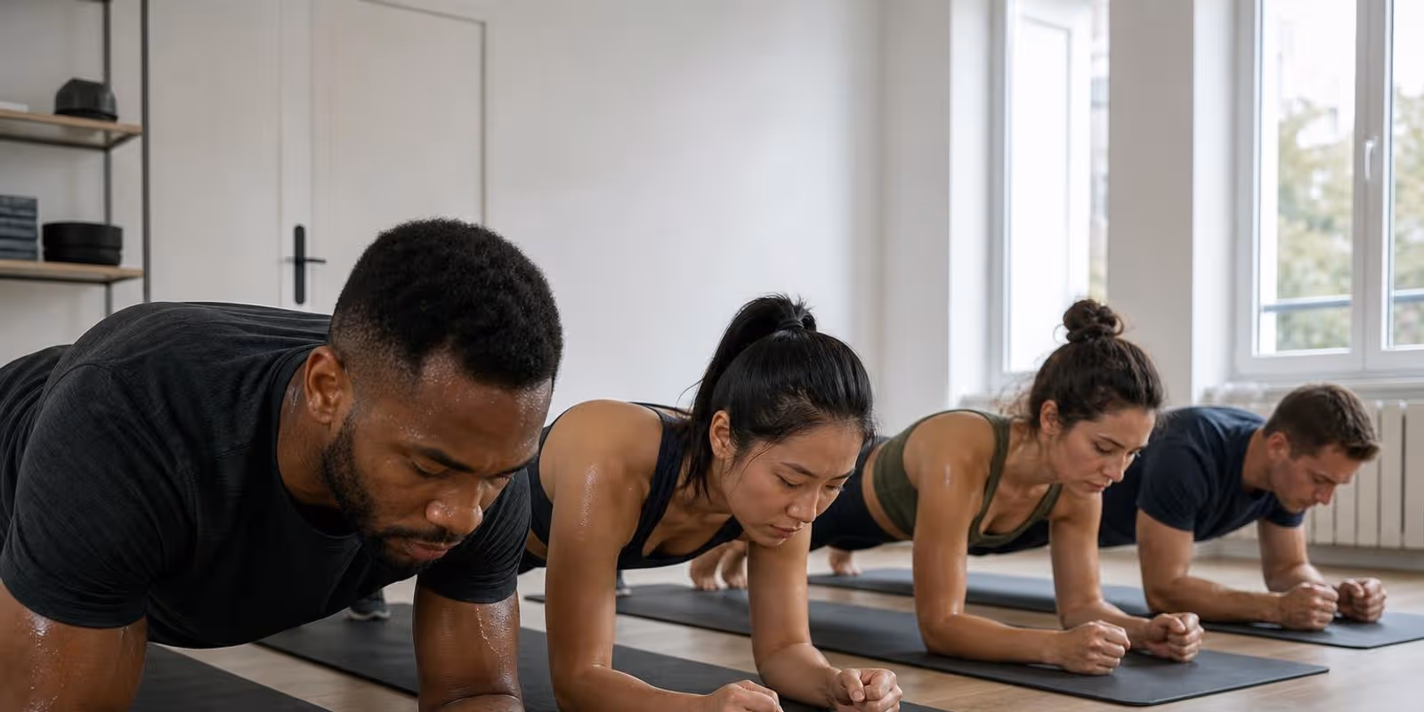 Gemischte Gruppe haelt im schlichten Studio anstrengend die tiefe Plank-Position.