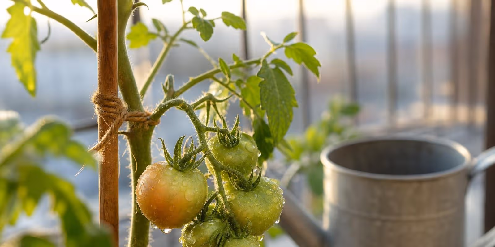 Tomatenpflanze im grossen Balkonkuebel mit gruenen Fruechten, locker an einen Stab gebunden.