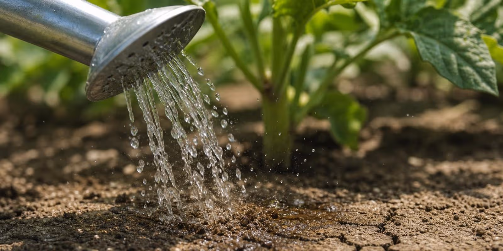 Wasser aus der Giesskanne zieht in trockene, rissige Beeterde am Fuss einer Pflanze ein.