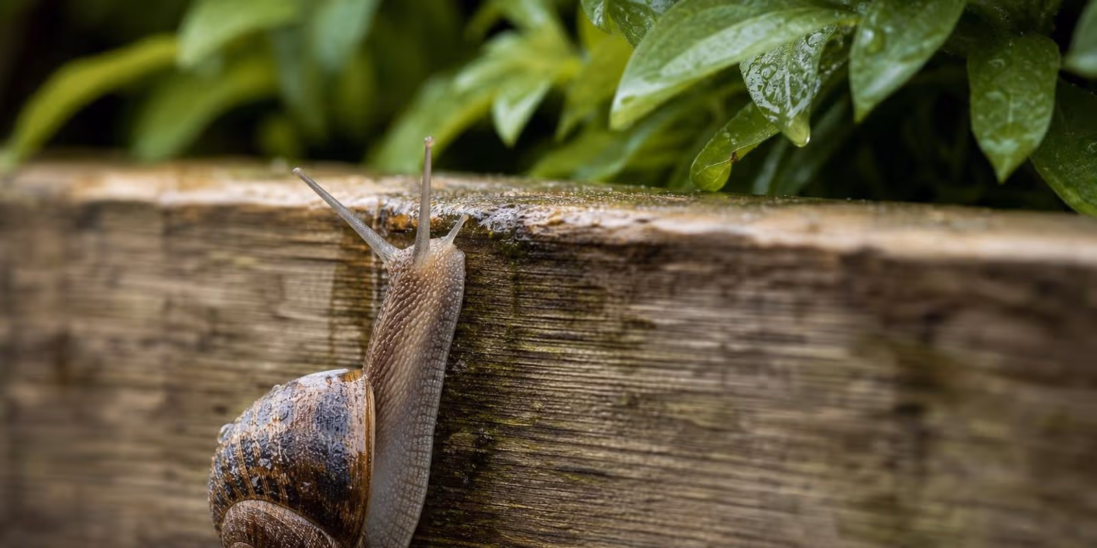 Eine Schnecke kriecht an der Aussenwand eines Hochbeets nach oben, ueber dem Rand haengen Blaetter.
