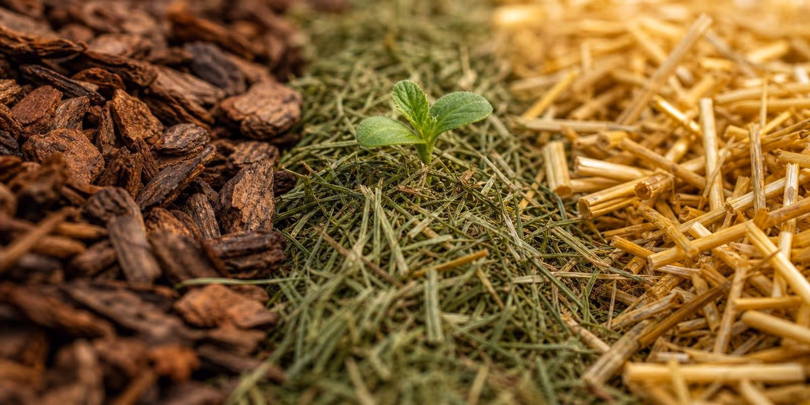 Rindenmulch, angetrockneter Rasenschnitt und Stroh liegen in Streifen nebeneinander im Beet.