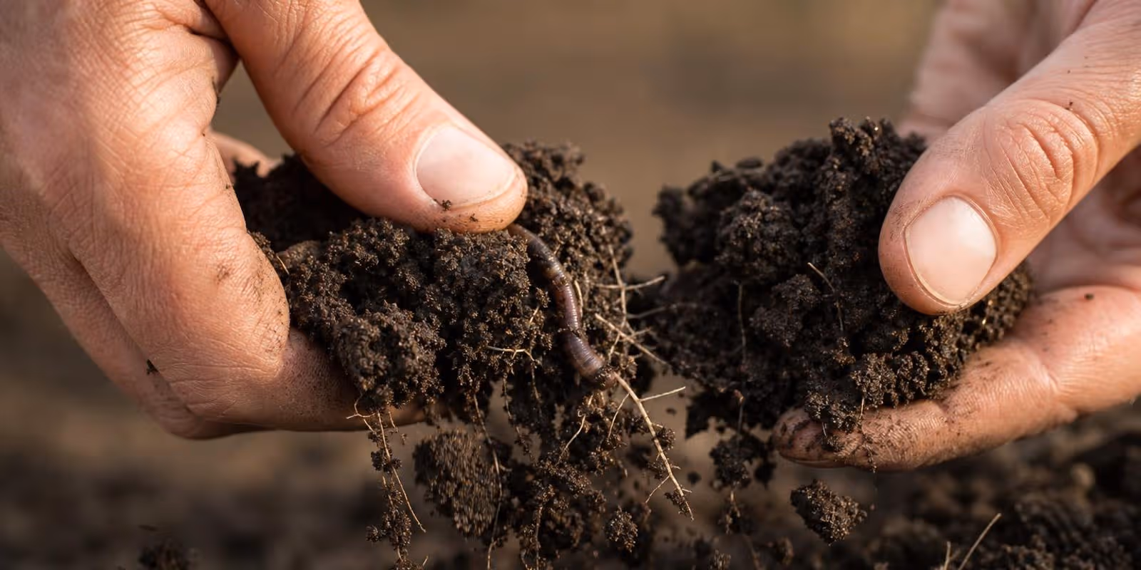Haende zerbroeseln dunkle Gartenerde, in den Kruemeln sind feine Wurzeln und ein Regenwurm zu sehen.