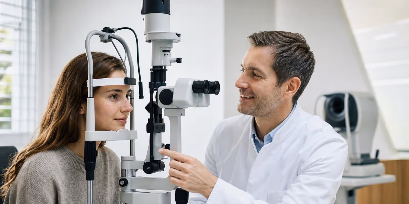 Augenaerztin erklaert einer Patientin an der Spaltlampe die Voruntersuchung fuer eine Laser-Korrektur.