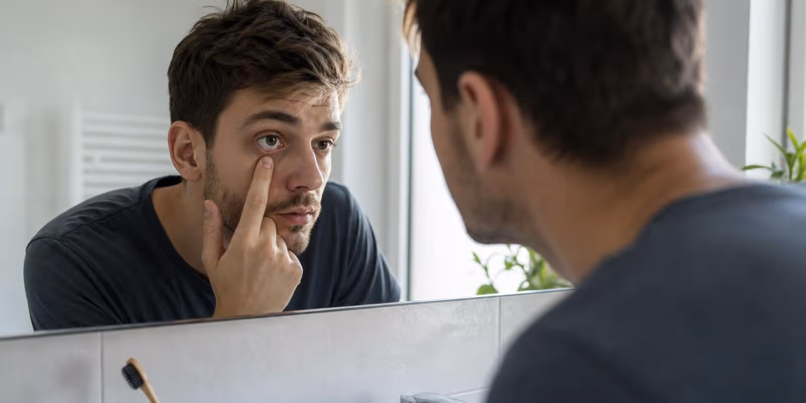Mann prueft morgens vor dem Spiegel mit einem Finger vorsichtig sein leicht muedes Auge.