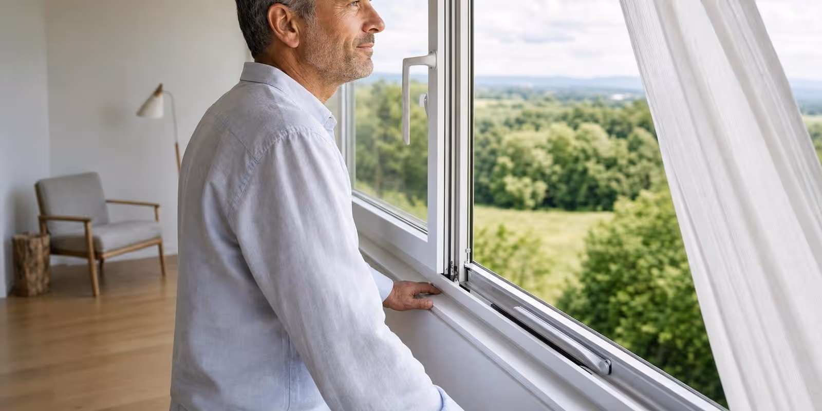 Ein Mann blickt entspannt aus einem offenen Fenster in die gruene Ferne.