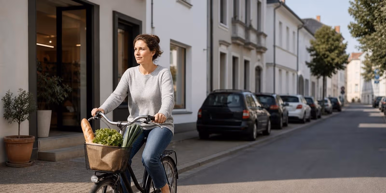 Frau faehrt in Alltagskleidung mit Einkaeufen im Fahrradkorb durch eine ruhige Stadtstrasse.