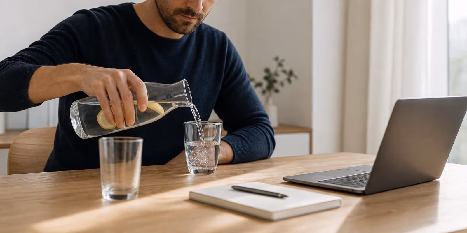 Mann fuellt sich am Schreibtisch ein Glas Wasser aus einer Karaffe nach.