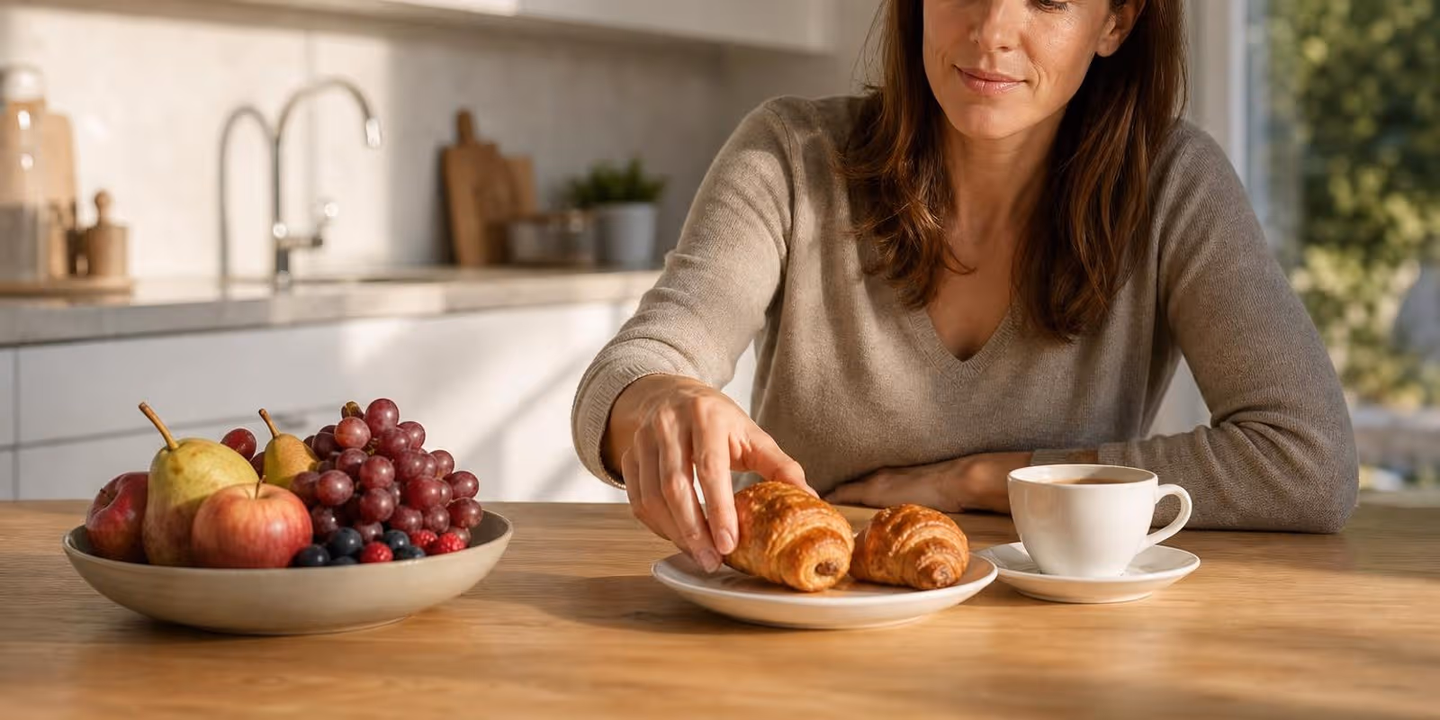 Frau greift am Tisch entspannt zu einem Gebaeckstueck neben einer Schale Obst.
