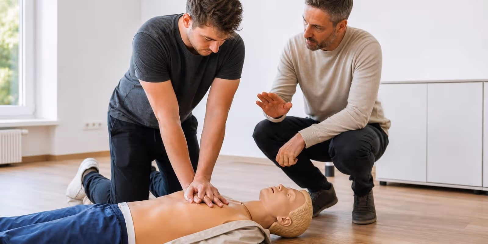 Mann uebt im Kurs die Herzdruckmassage an einer Uebungspuppe.