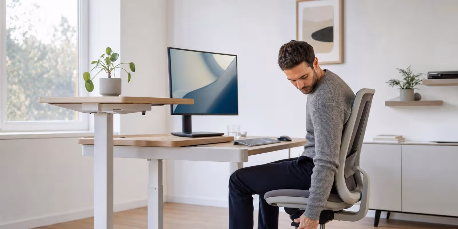Ein Mann stellt seinen Buerostuhl an einem ergonomisch eingerichteten Schreibtisch ein.