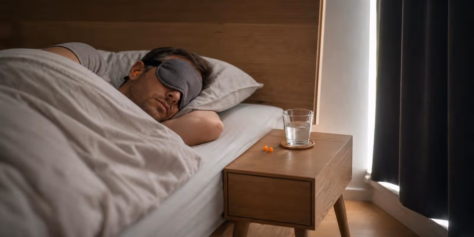 Abgedunkeltes Schlafzimmer am Tag, eine Person schlaeft mit Schlafmaske, daneben liegen Ohrstoepsel.