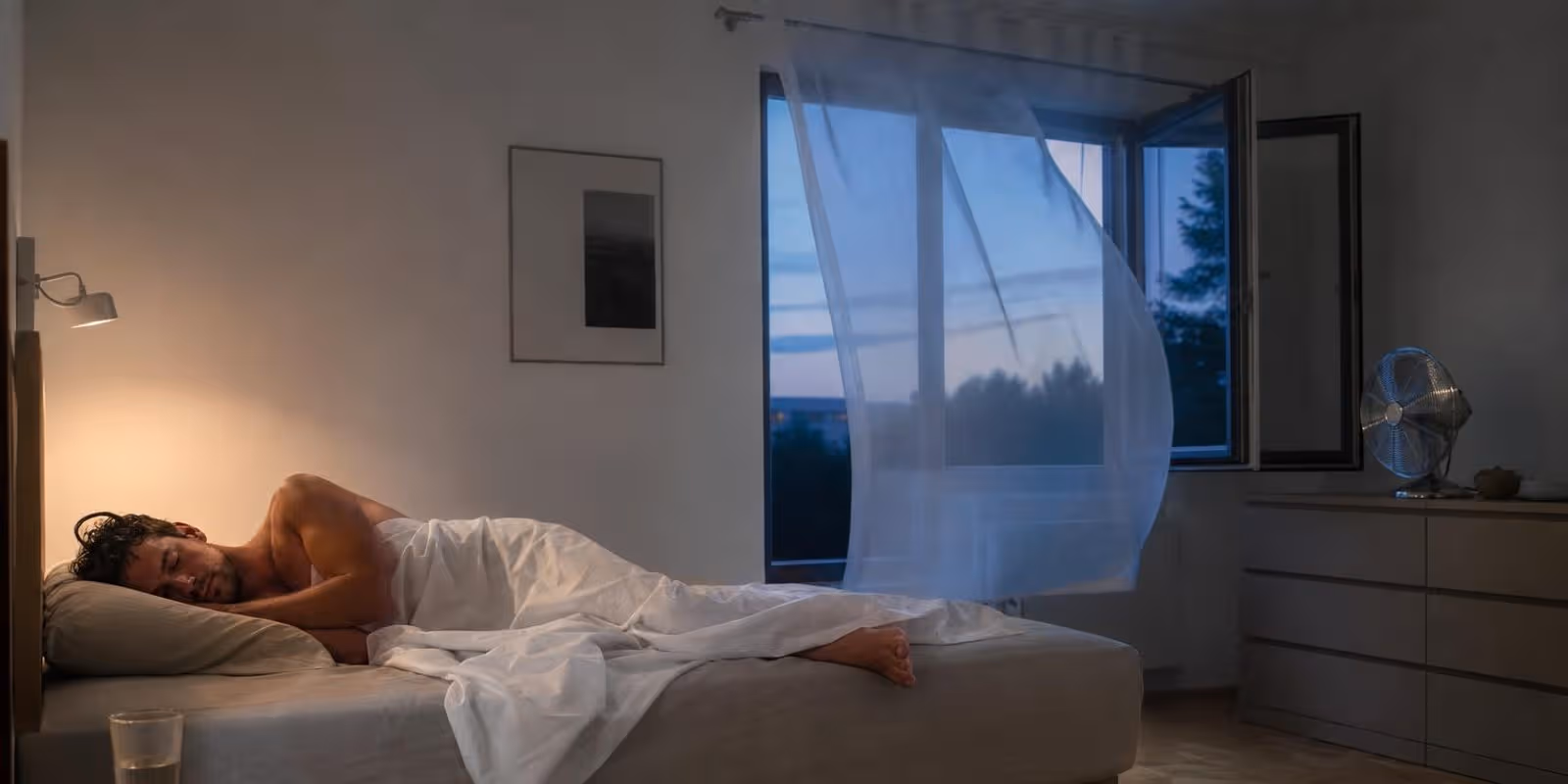 Mann schlaeft in einer heissen Sommernacht unter duennem Laken bei offenem Fenster und laufendem Ventilator.