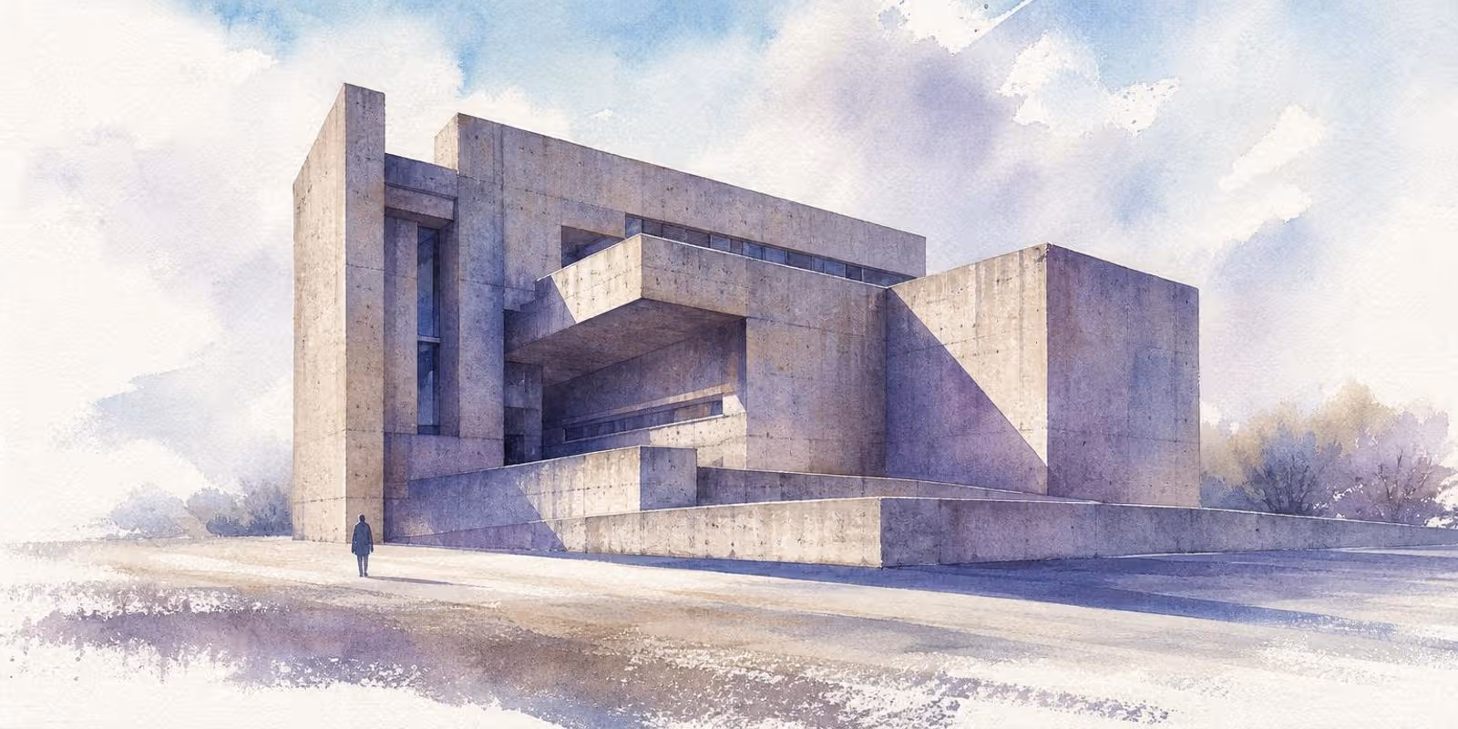 Aquarell: markanter Sichtbetonbau mit strengen geometrischen Formen im Abendlicht.
