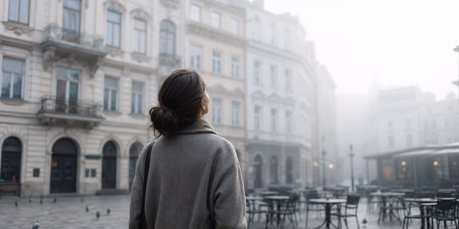 Aquarell: Person blickt auf einem Stadtplatz zu reich verzierten Fassaden hinauf.