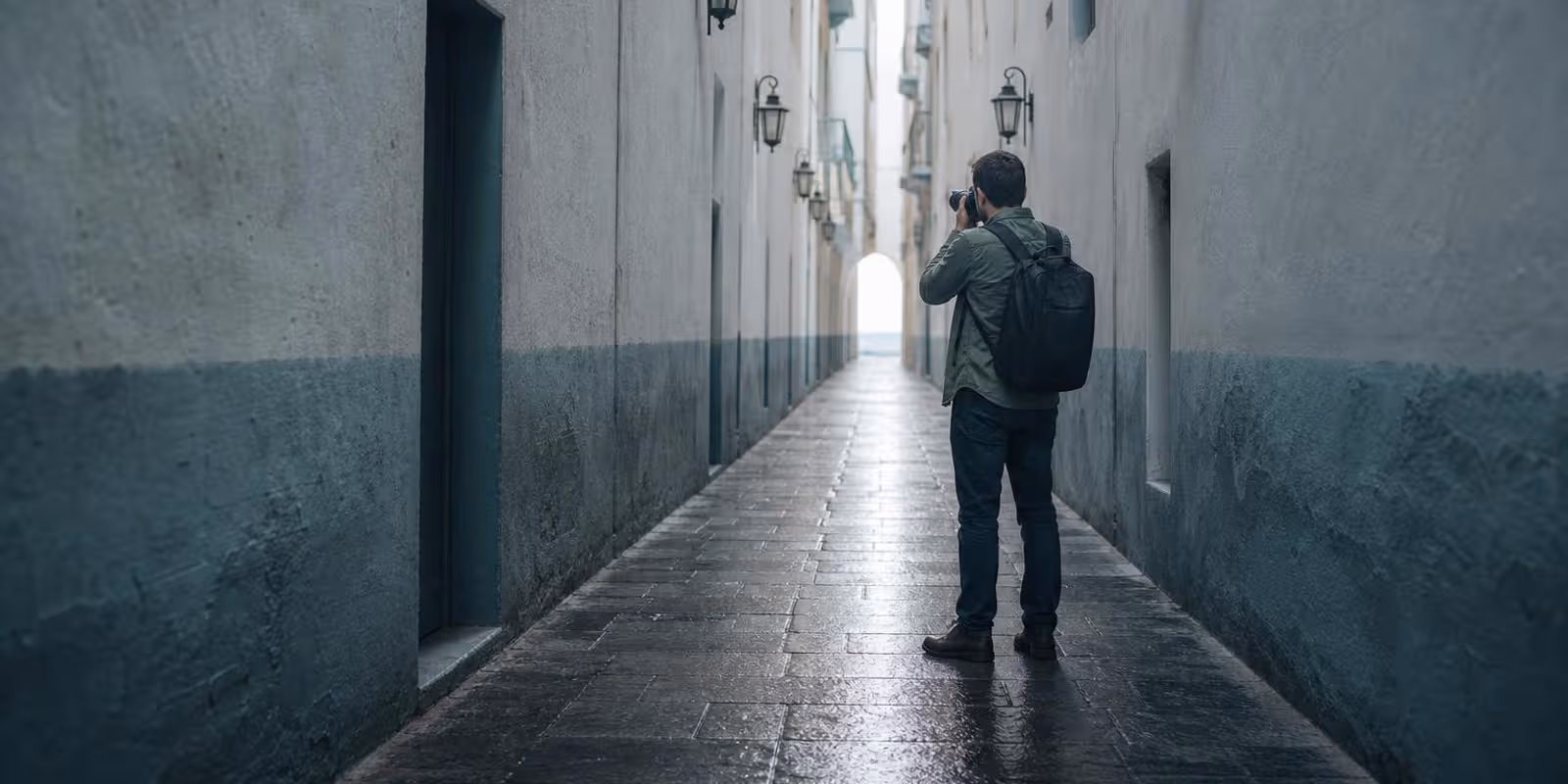 Aquarell: Fotografin steht klein am Bildrand einer Gasse mit starken Fluchtlinien.