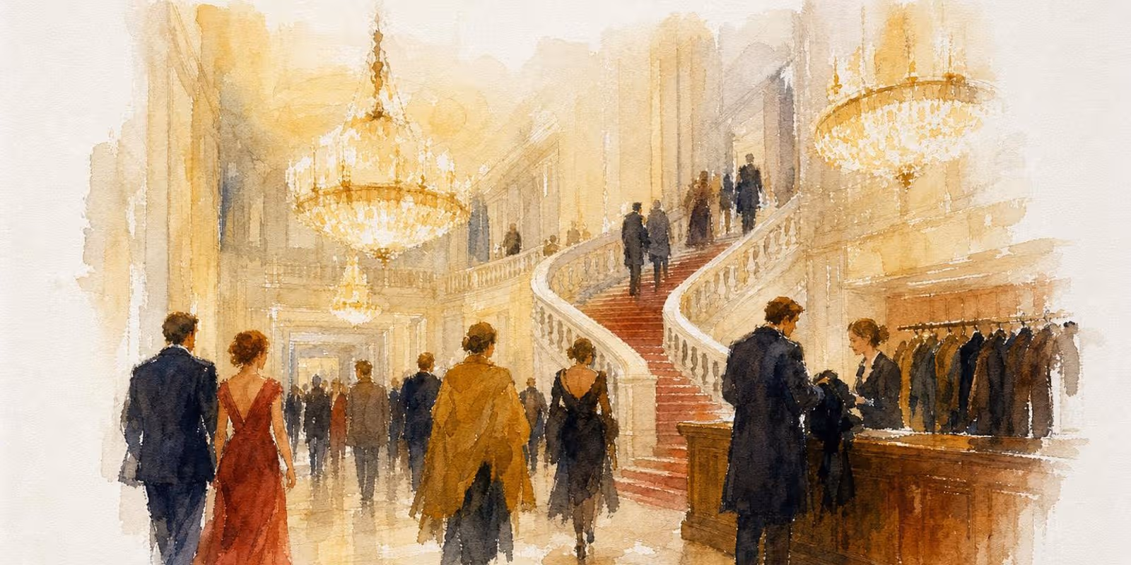 Aquarell: Konzertbesucher in unterschiedlicher Garderobe kommen im festlich beleuchteten Foyer eines Konzerthauses an.