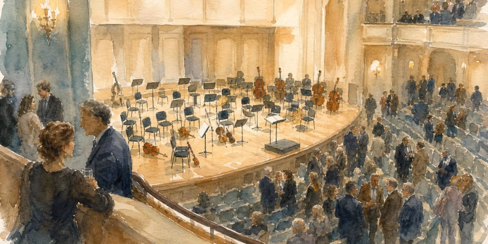 Aquarell: Konzertsaal in der Pause, halb leere Orchesterstuehle und Publikum zwischen den Reihen.