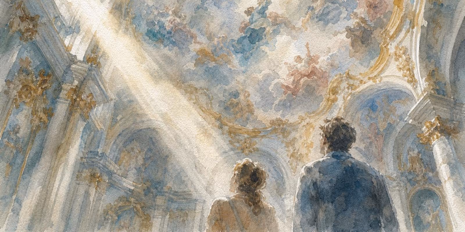 Aquarell: Blick hinauf in ein barockes Deckenfresko mit Wolken und Stuck, unten schauen zwei Besucher.