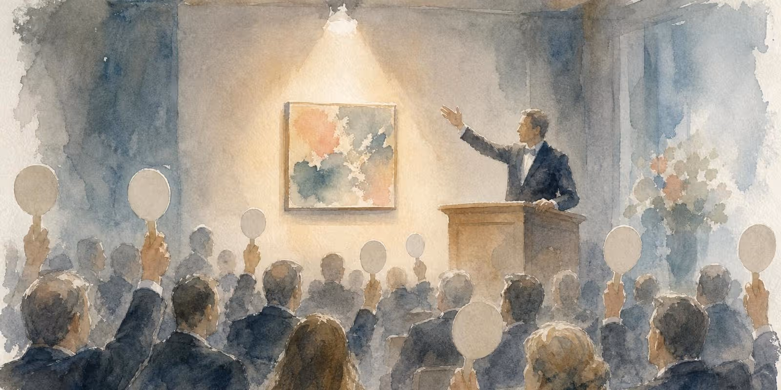 Aquarell: Auktionssaal mit erhobenen Bieterkellen vor einem kleinen abstrakten Gemaelde im Scheinwerferlicht.