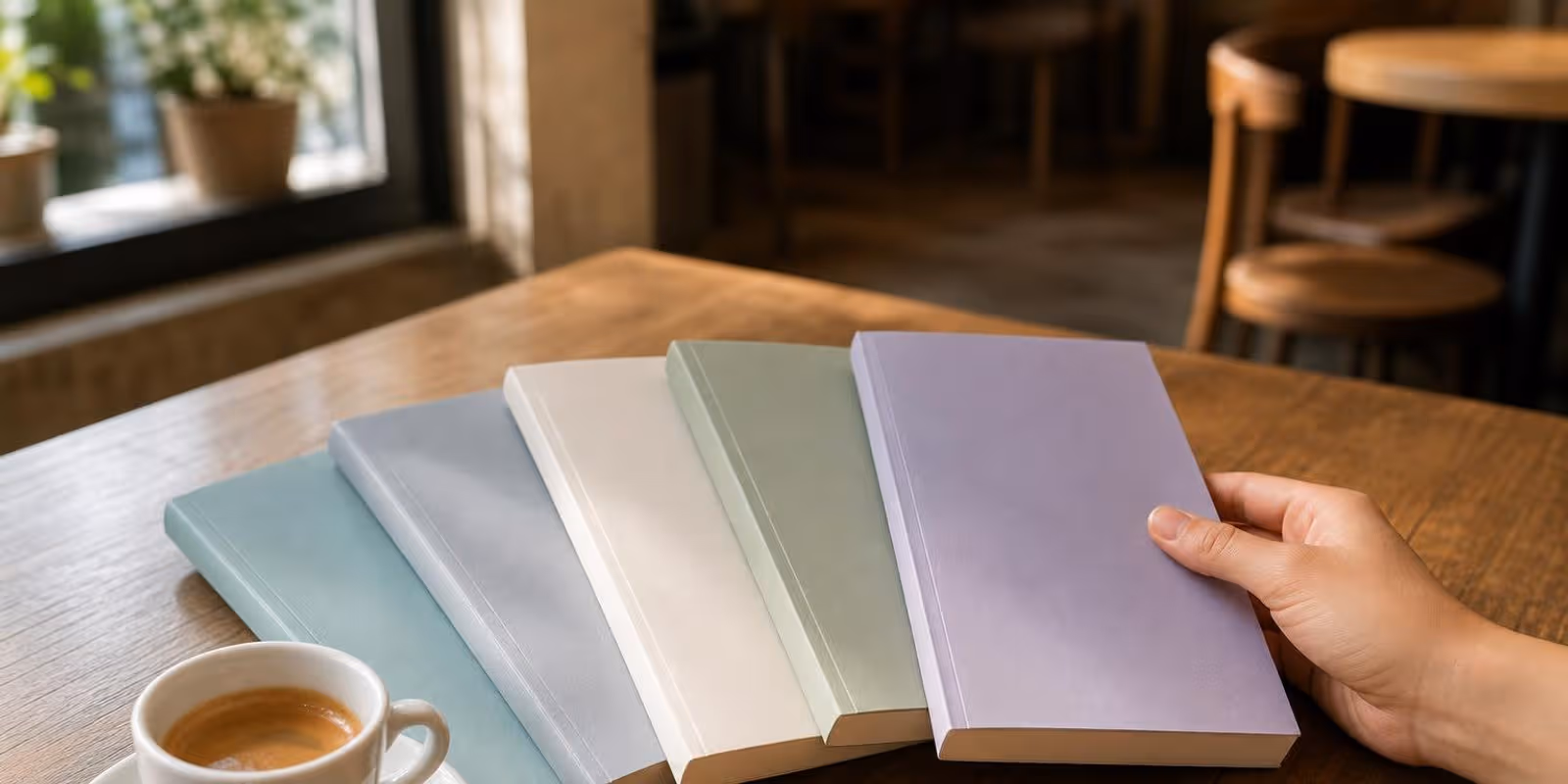 Aquarell: fuenf schmale Buecher liegen aufgefaechert neben einer Espressotasse.