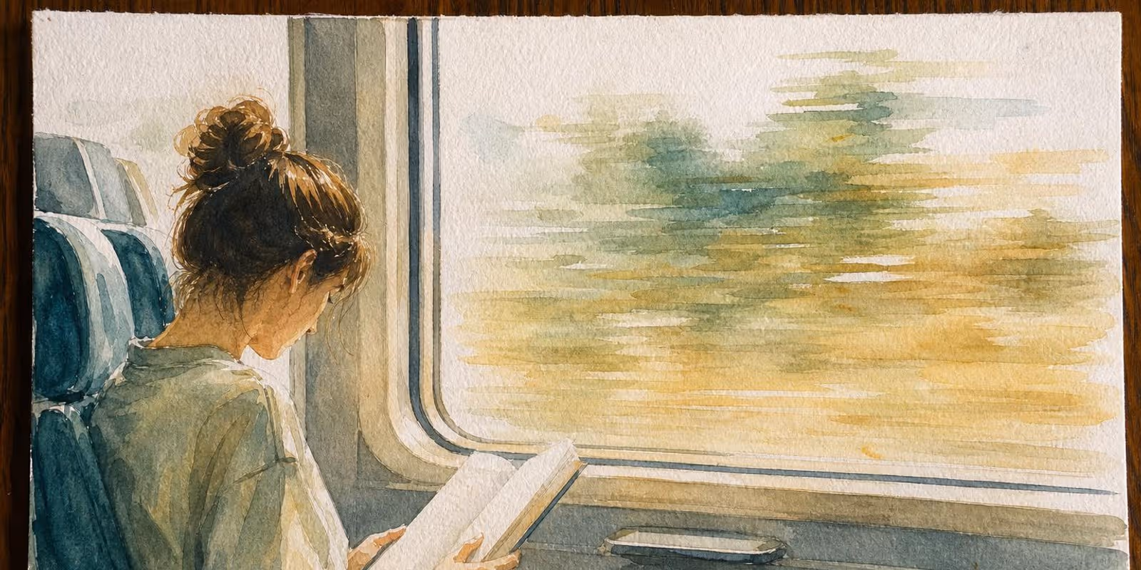 Aquarell: Zugreisende liest ein schmales Buch, draussen verwischt die Landschaft.
