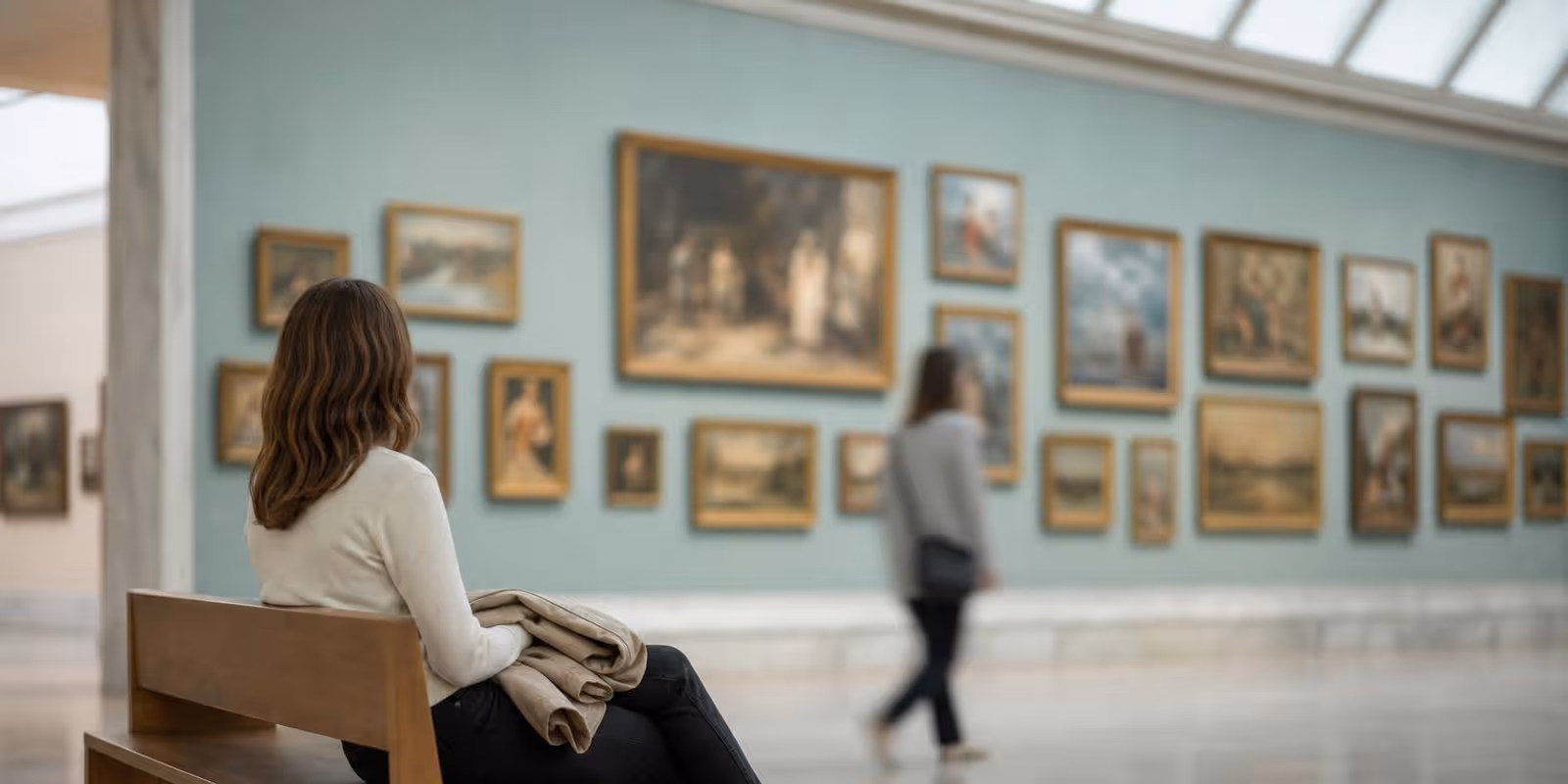 Aquarell: Besucherin sitzt entspannt auf einer Museumsbank, hinter ihr verschwimmt die Bilderwand.