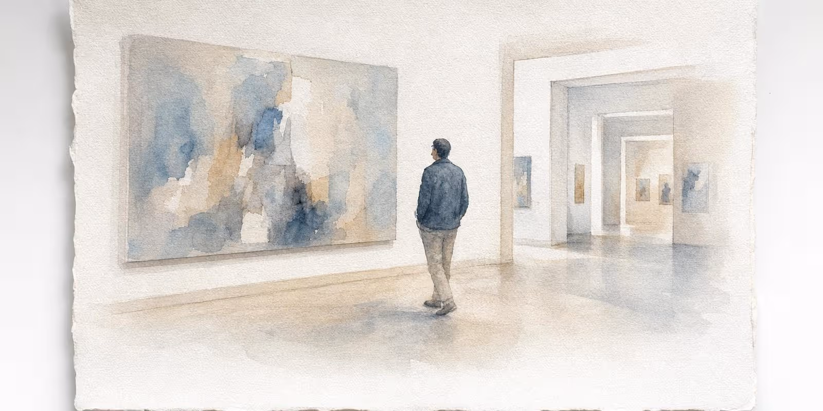 Aquarell: Ein Besucher schlendert entspannt durch einen hellen Museumssaal und bleibt vor einem Gemaelde stehen.