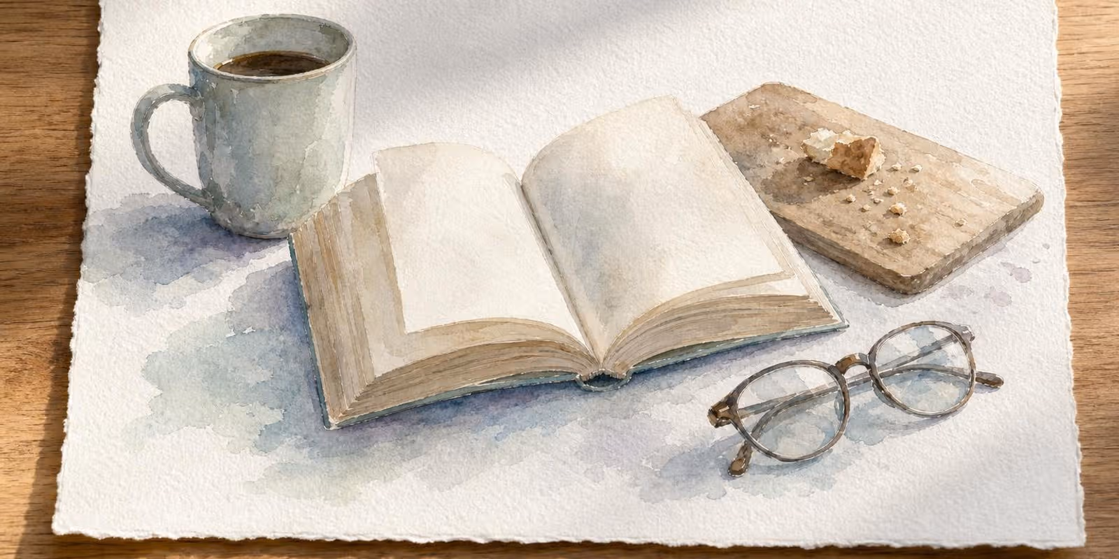 Aquarell: Abgegriffenes Taschenbuch liegt offen auf dem Kuechentisch zwischen Tasse, Brett und Brille.