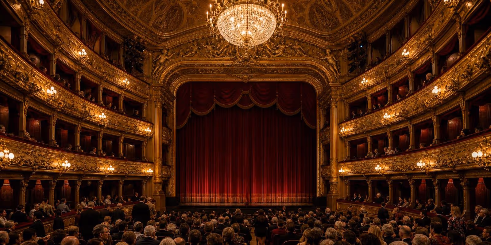 Aquarell: Zuschauerraum eines Theaters fuellt sich vor dem geschlossenen Vorhang.