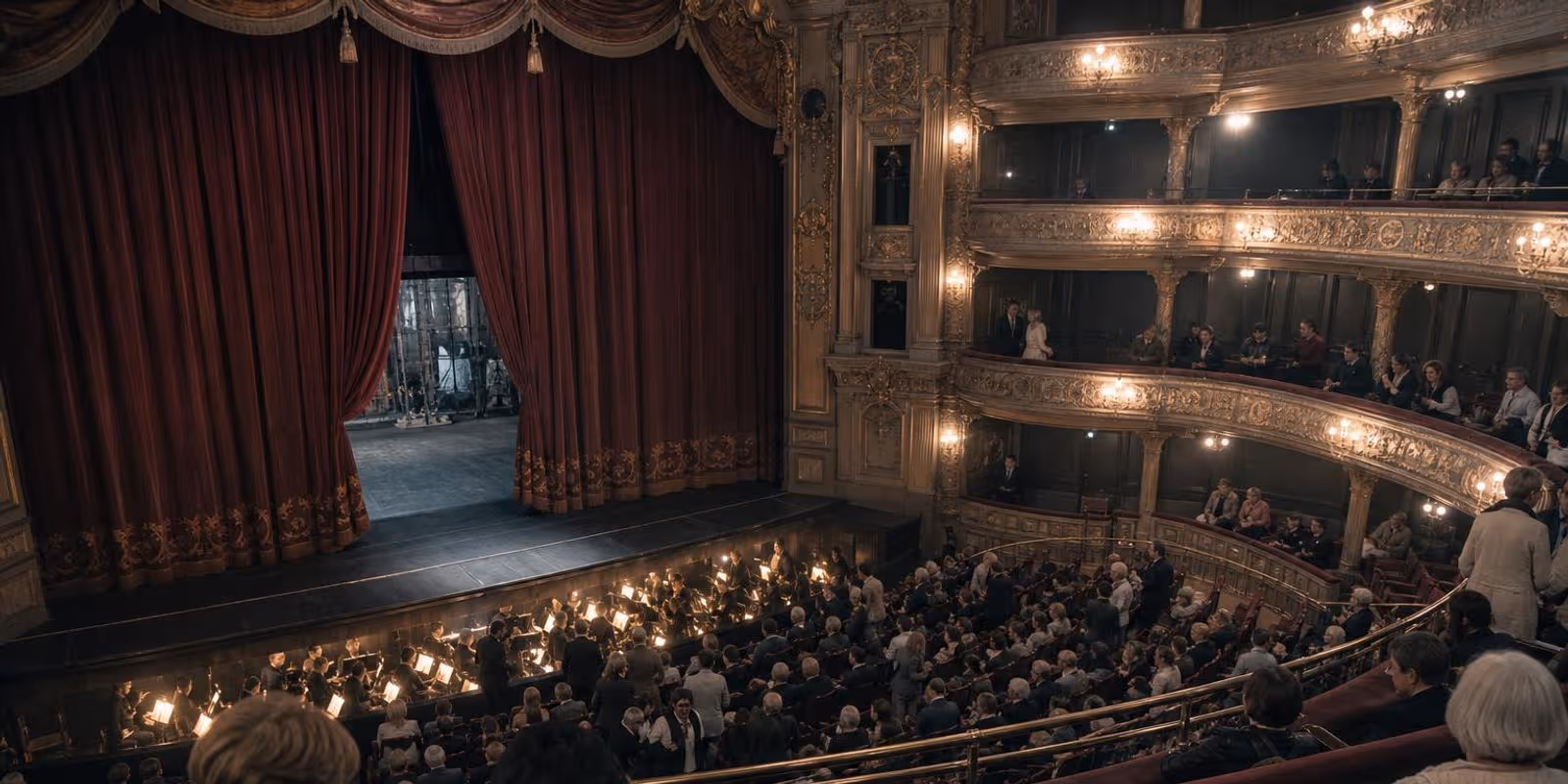 Aquarell: Blick vom Rang in einen Theatersaal mit halb geoeffnetem Vorhang und beleuchtetem Orchestergraben.
