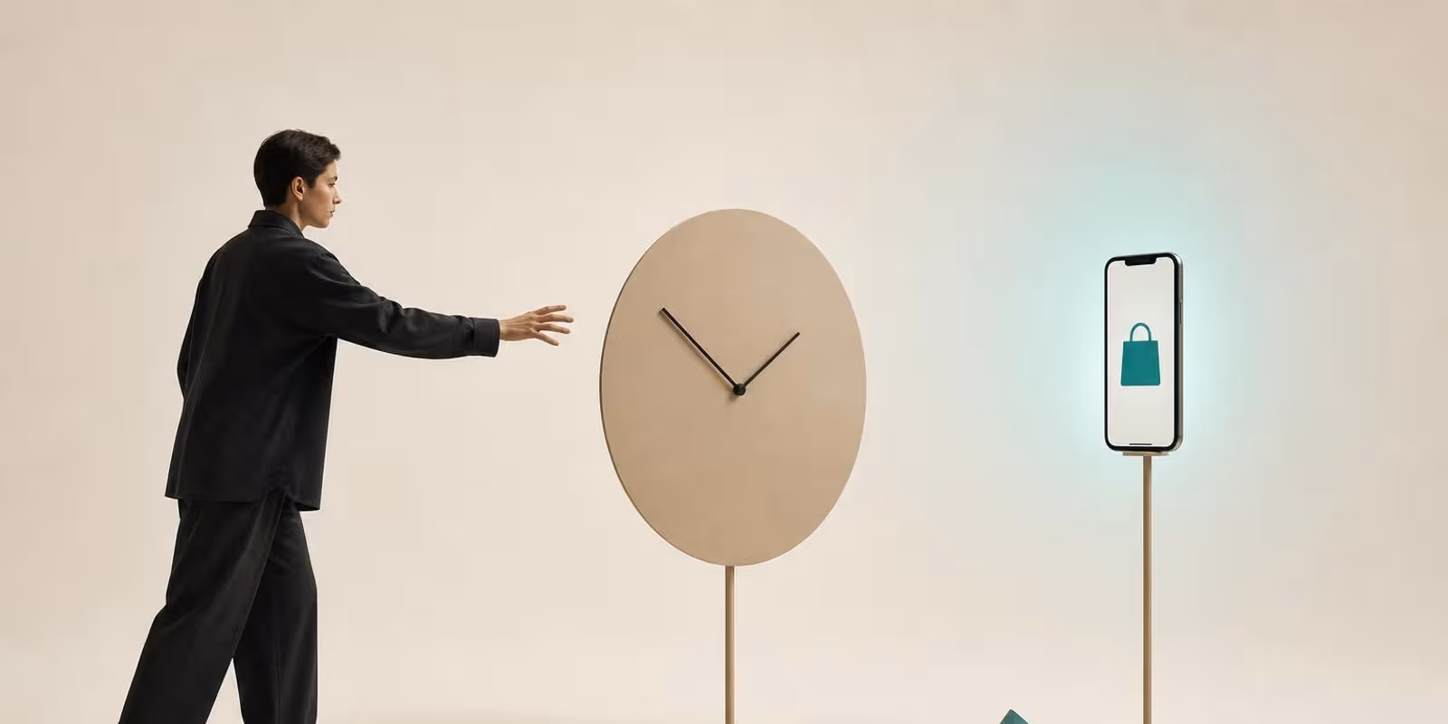 Illustration: Eine Figur greift zum Handy mit Einkaufstasche, eine grosse Uhr steht als Bremse dazwischen.