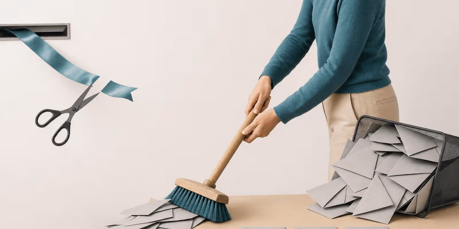 Illustration: Eine Person fegt einen Berg grauer Briefumschlaege aus einem uebervollen Posteingang, drei bleiben ordentlich liegen.