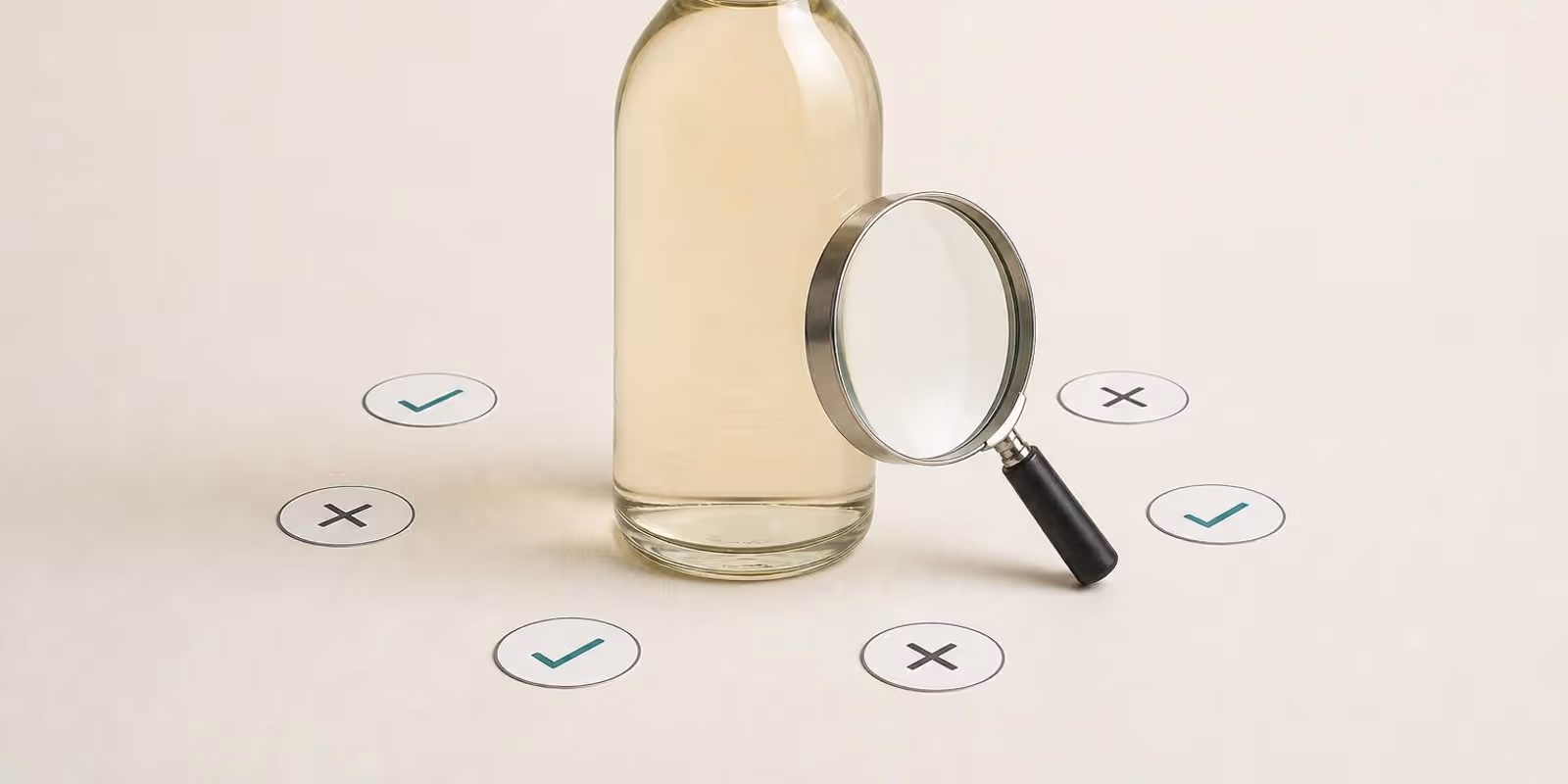 Illustration: Essigflasche in der Mitte, ringsum sechs Kreise, drei mit Haken und drei mit Kreuz.