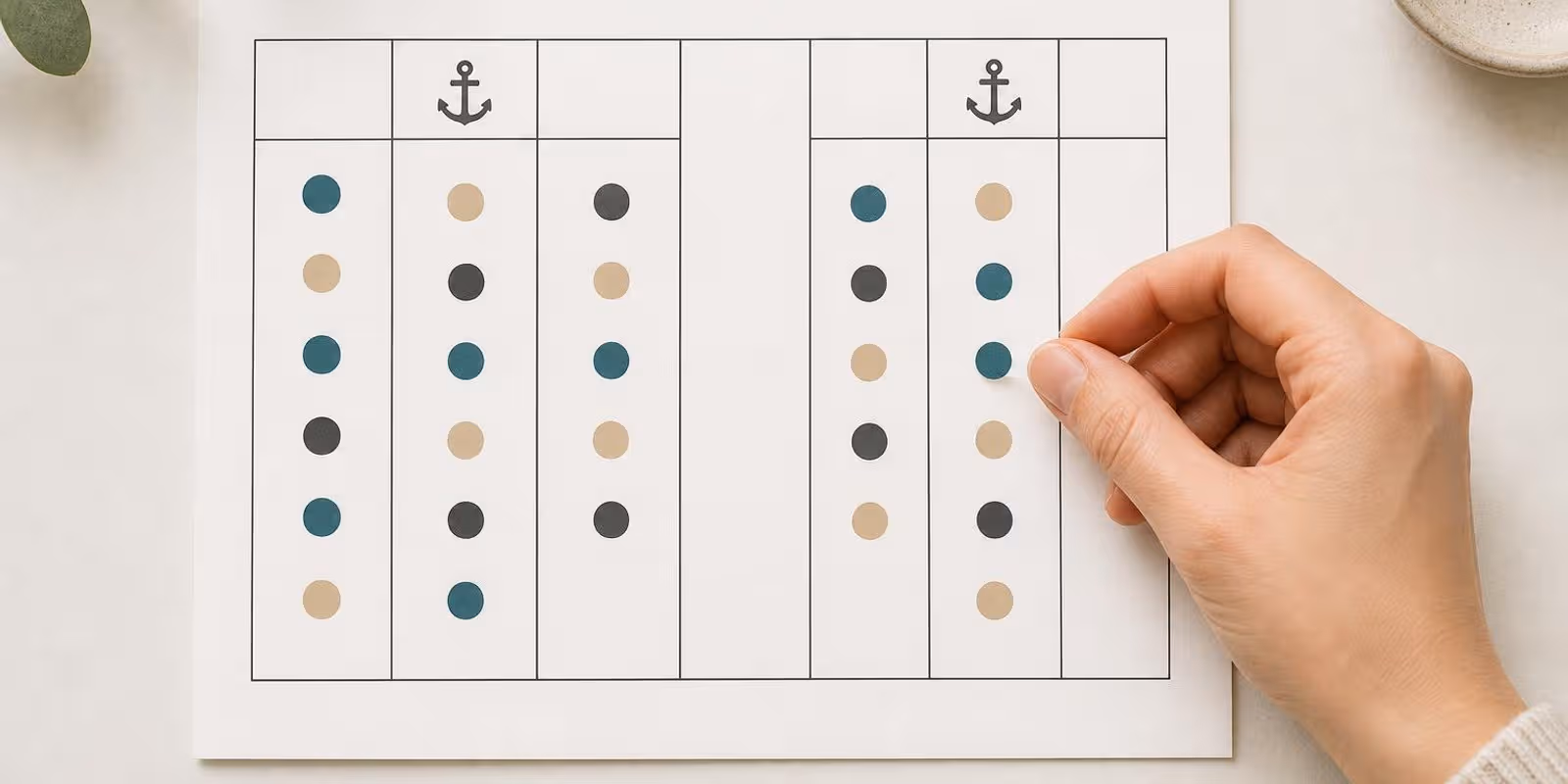 Illustration: Wochenraster mit sieben Spalten, zwei mit Anker markiert, eine bleibt als Puffer leer.