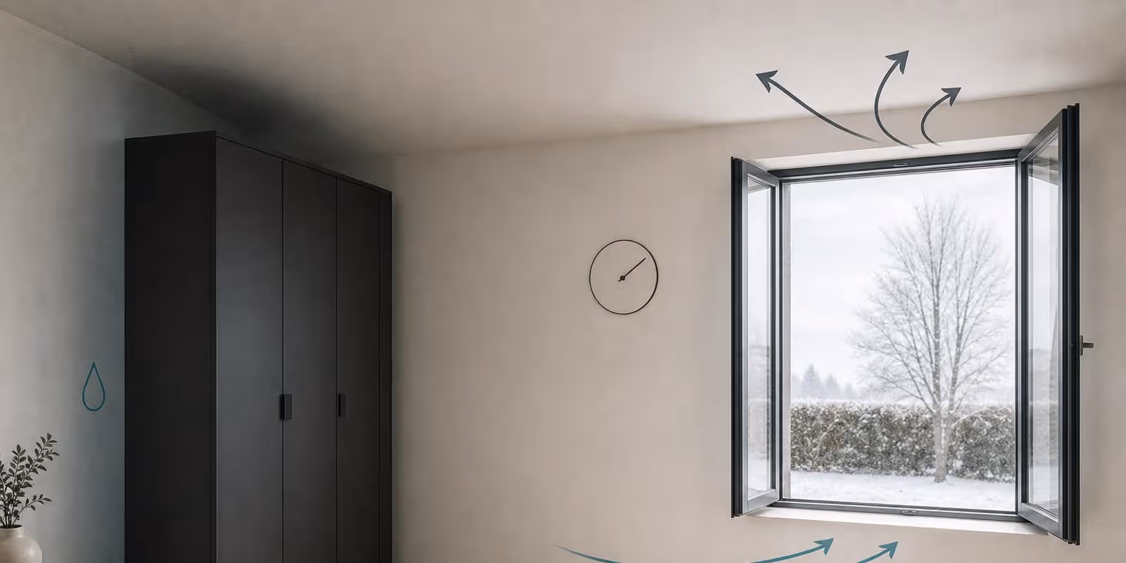 Illustration: Raumquerschnitt mit weit geoeffnetem Fenster, Pfeilen fuer den Luftwechsel und einer Uhr.
