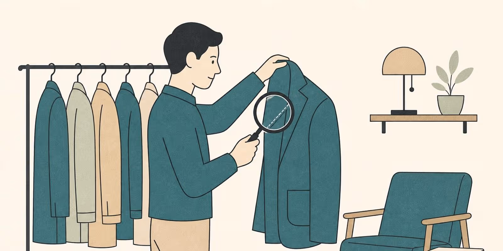 Illustration: Figur haelt eine Jacke hoch und prueft die Naht mit der Lupe, dahinter eine Kleiderstange.