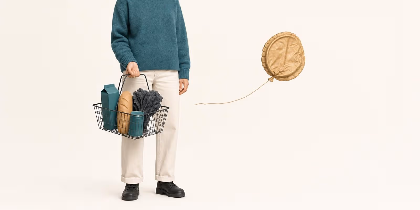 Illustration: Neben einer Person mit Einkaufskorb schrumpft eine grosse Muenze wie ein Ballon, der Luft verliert.