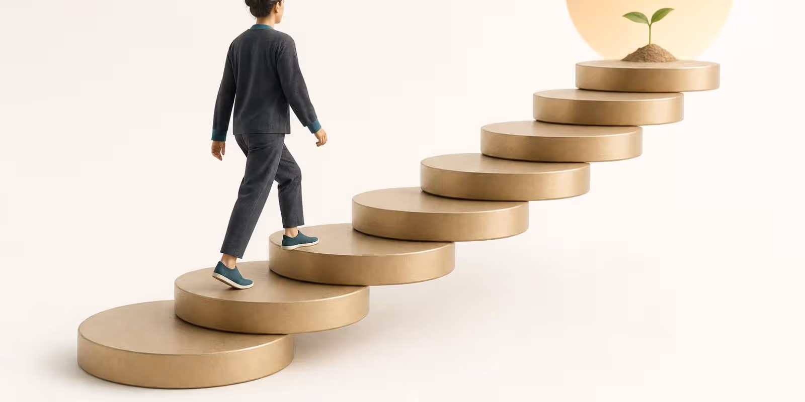 Illustration: Eine Person steigt eine sanft ansteigende Treppe aus Muenzen hinauf, auf der obersten waechst ein Setzling.