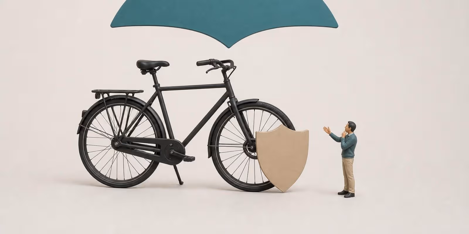 Illustration: Ein Fahrrad steht unter einem Schirm, zwei Schutzschilde schweben ueber Rahmen und Schloss.
