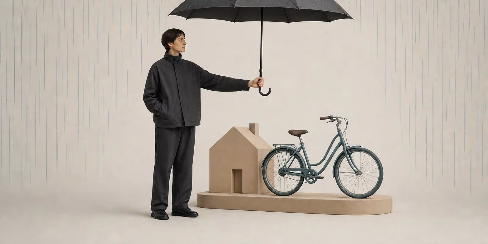 Illustration: Figur haelt einen grossen Schirm ueber Haus und Fahrrad im Regen.