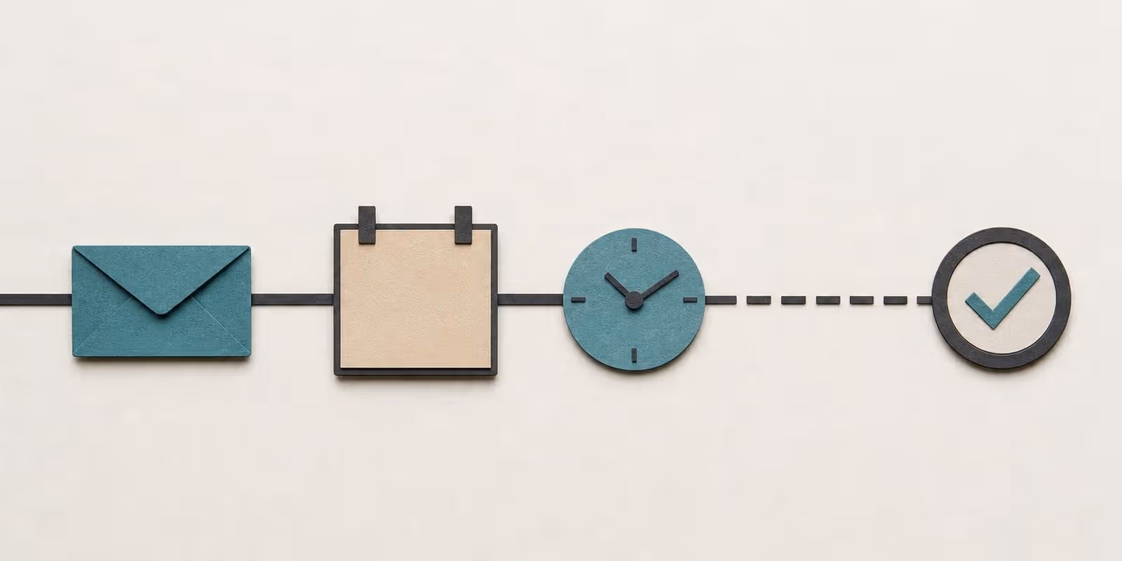 Illustration: Ein Brief wandert entlang einer Zeitleiste an Kalender und Uhr vorbei bis zum Stichtag.