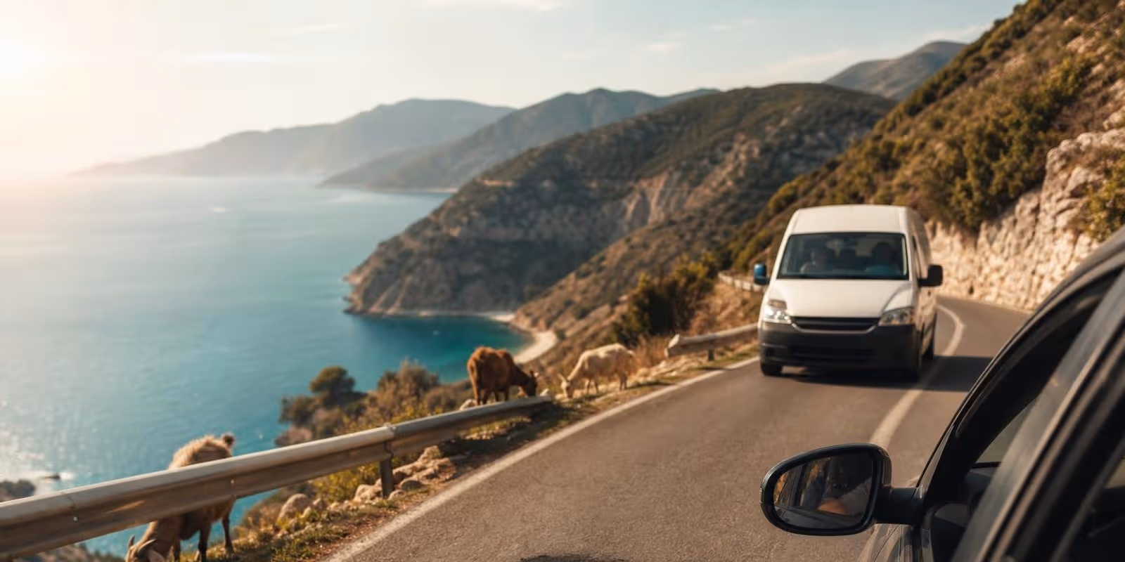 Kleiner Mietwagen faehrt vorsichtig eine kurvige Kuestenstrasse in Albanien entlang, Ziegen stehen am Rand.