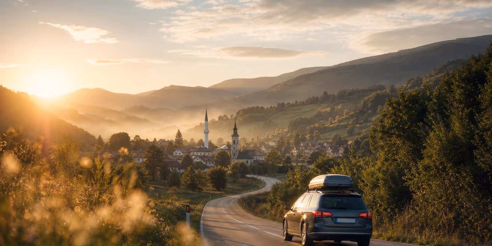 Landstrasse windet sich durch gruene bosnische Huegel auf ein Dorf mit Minarett und Kirchturm zu.