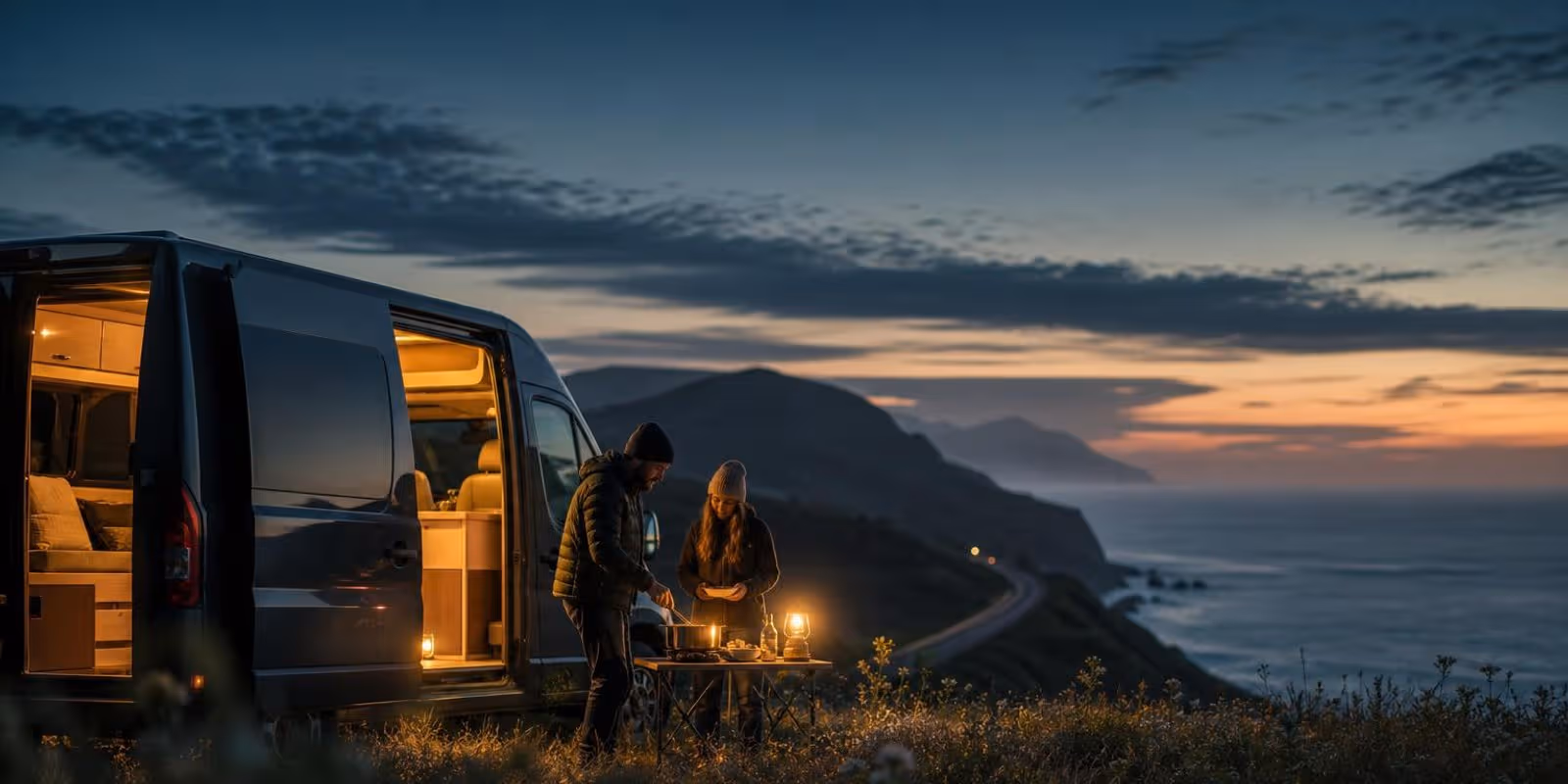 Campervan mit offener Tuer und warmem Licht am Abend an einer Kuestenwiese.