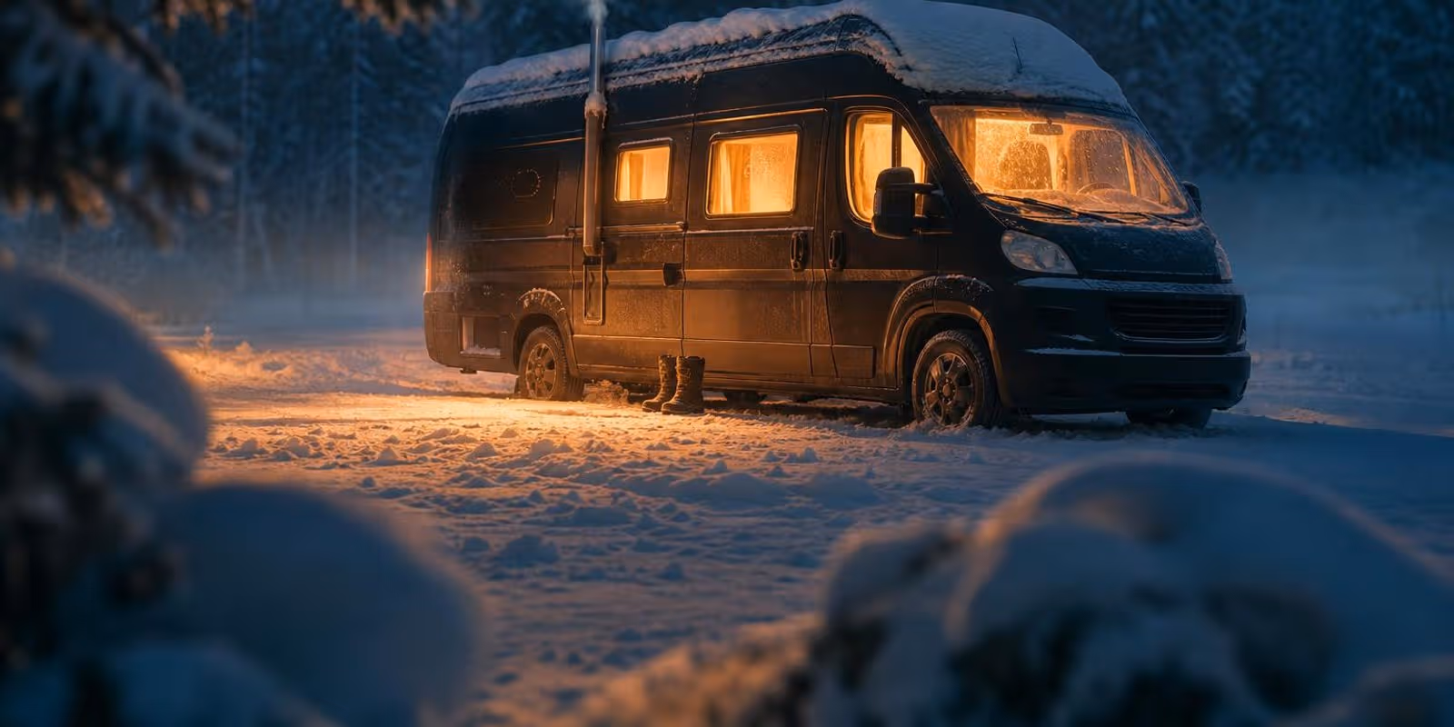 Campervan steht abends auf verschneitem Stellplatz, die Fenster leuchten warm aus dem Innern.