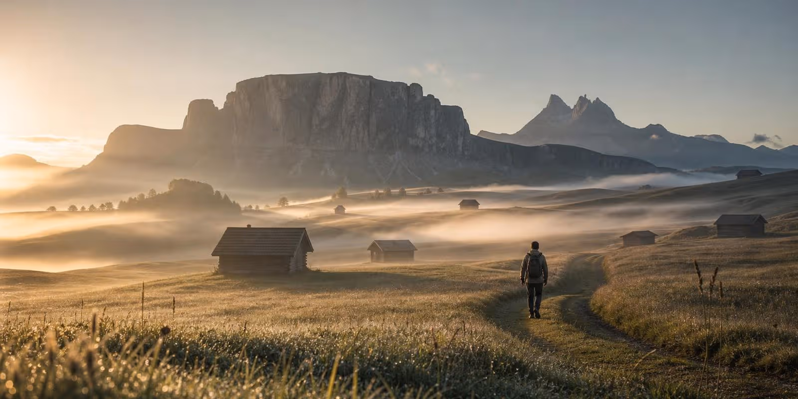Weites Wiesenmeer der Seiser Alm mit Holzhuetten im Morgennebel vor den Bergen.