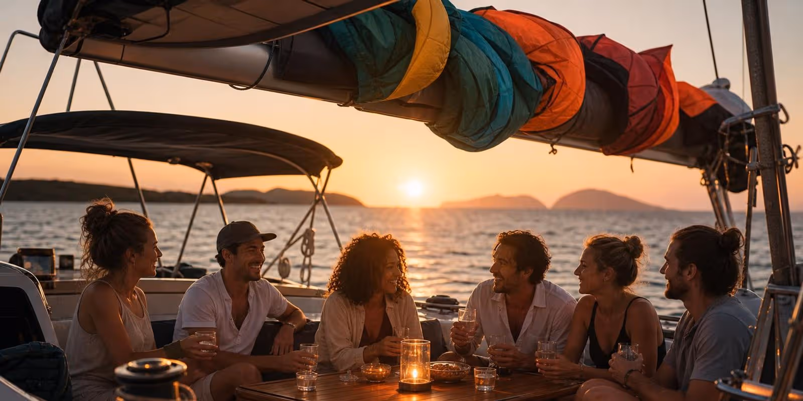 Freundesgruppe sitzt bei Sonnenuntergang auf dem Deck ihrer gecharterten Segelyacht.