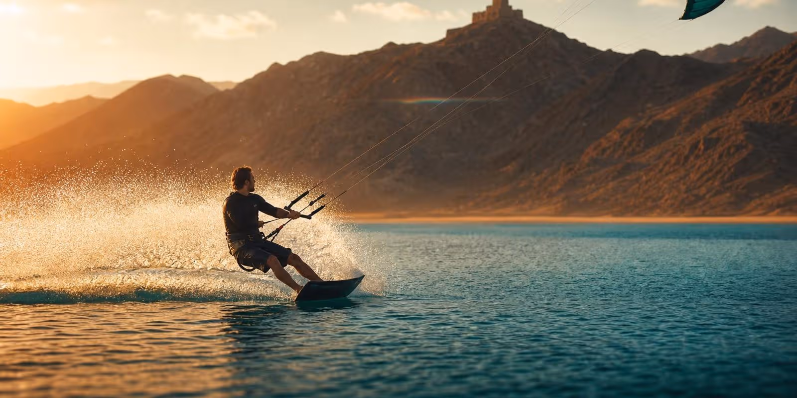 Kitesurfer gleitet durch eine Lagune vor kargen Wuestenbergen im Abendlicht.