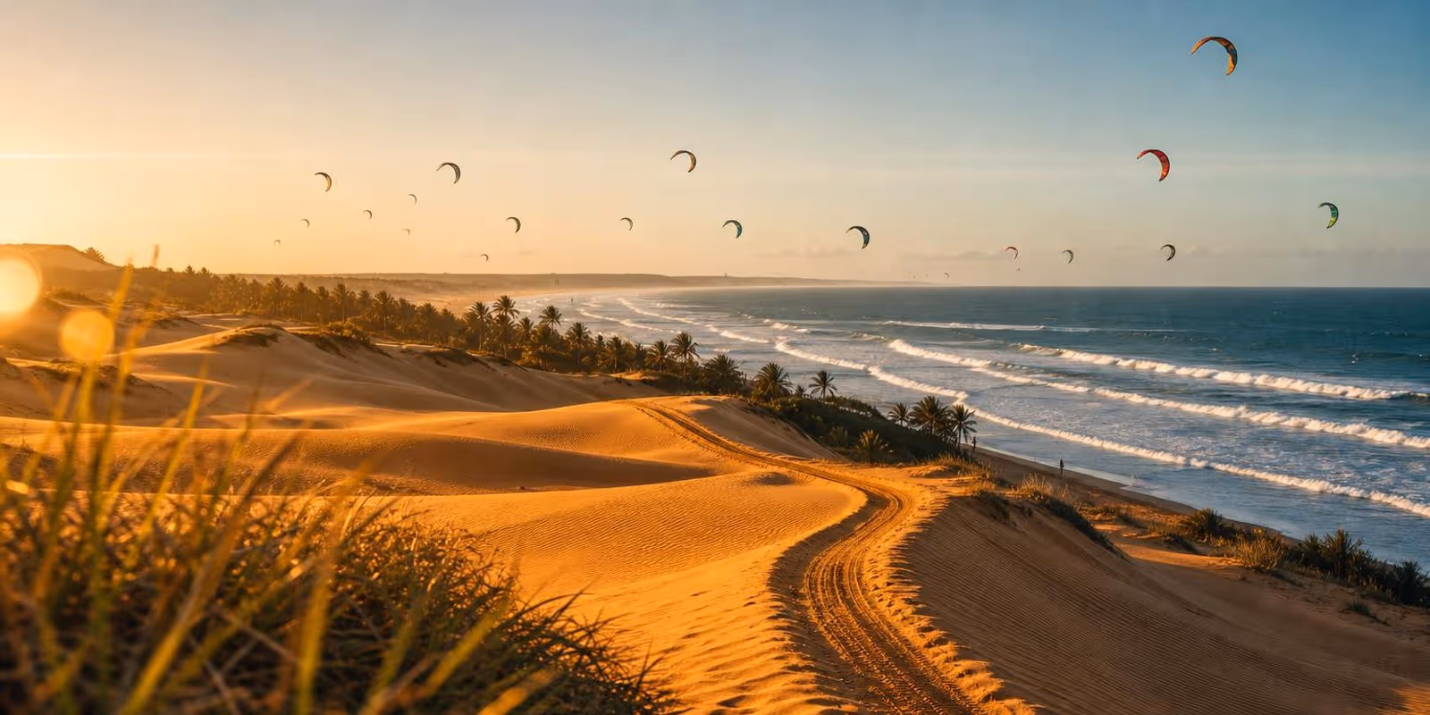 Orange Duenen und Palmen am Atlantik, viele Kites im stetigen Passatwind ueber den Wellen.