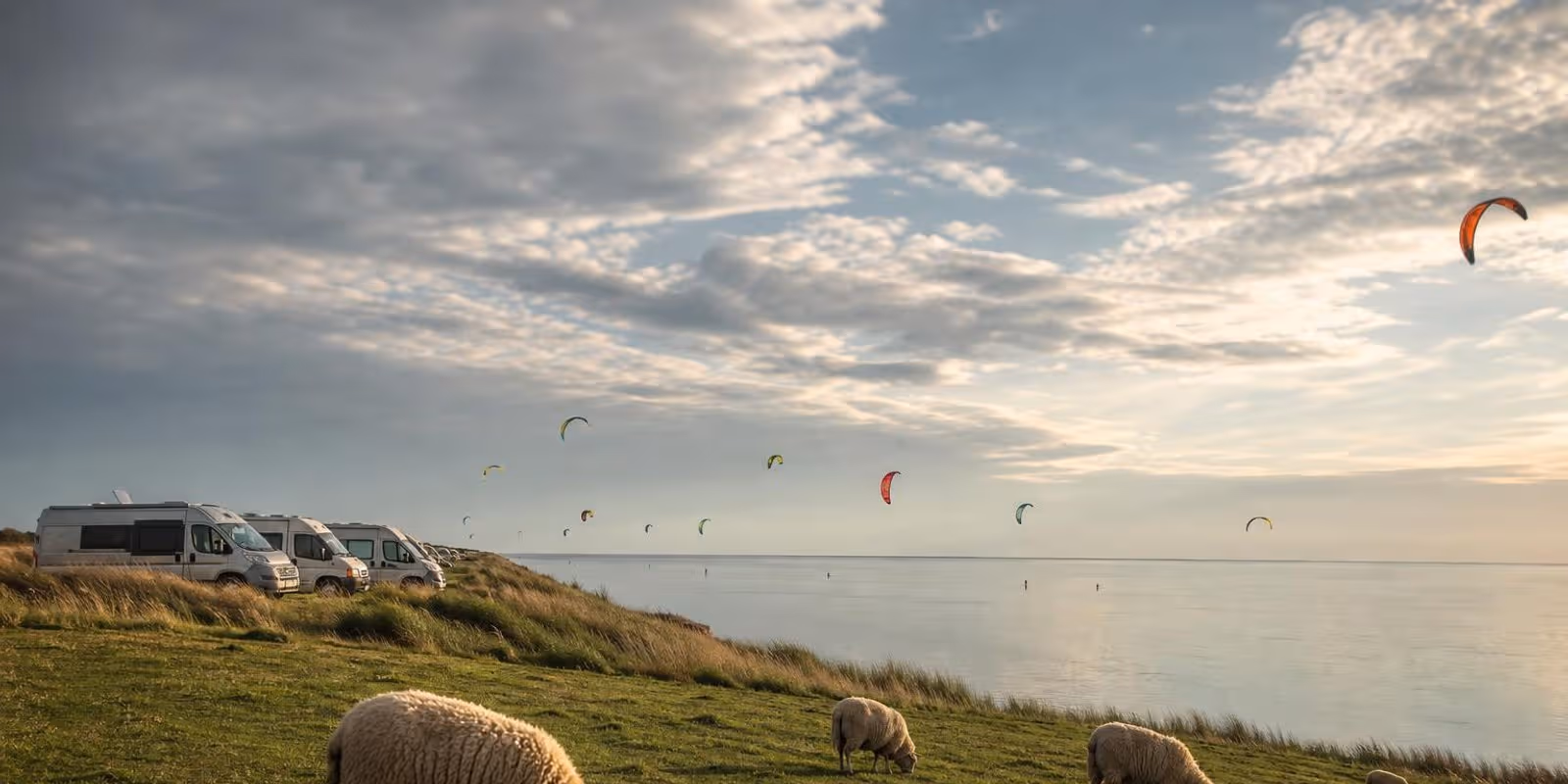 Spiegelflaches IJsselmeer unter riesigem Wolkenhimmel, bunte Kites verteilen sich vor dem gruenen Deich.